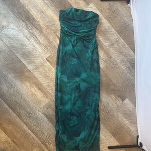 SHEIN green and blue pattern dress, size small long with slit, new in bag